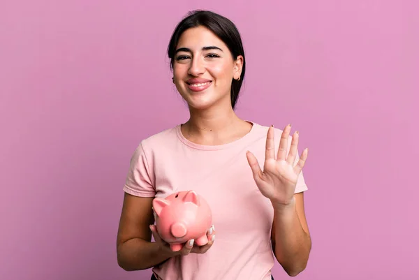 Smiling Looking Friendly Showing Number Five Piggy Bank — Stok fotoğraf