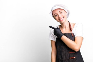 pretty blonde woman butcher concept with a copy space