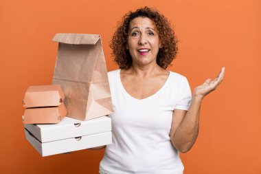 feeling happy, surprised realizing a solution or idea. take away fast food delivery concept.