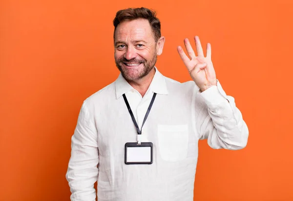 Middle Age Man Smiling Looking Friendly Showing Number Four Vip — Stock Photo, Image