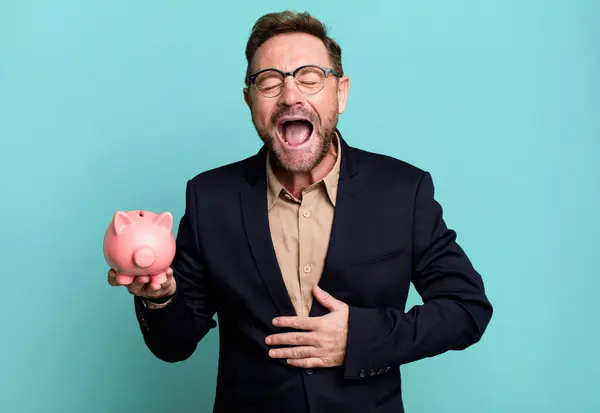 Middle Age Man Laughing Out Loud Some Hilarious Joke Piggy —  Fotos de Stock
