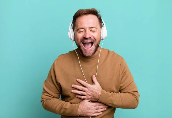 Middle Age Man Laughing Out Loud Some Hilarious Joke Listening — Stockfoto