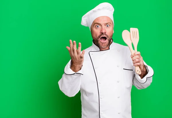 Middle Age Man Feeling Extremely Shocked Surprised Chef Tools Concept — Stock Photo, Image