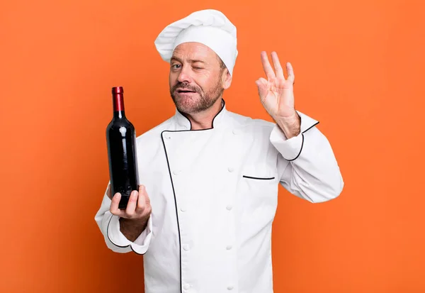 Middle Age Man Chef Concept Wine Bottle Sport Coach Concept — Stock Photo, Image