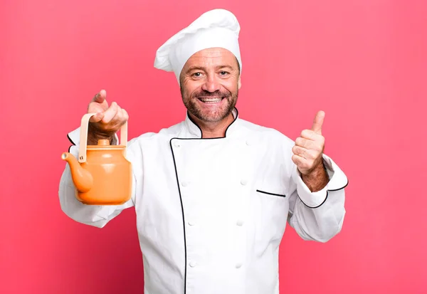 Middle Age Man Chef Concept Teapot Coffee Sport Coach Concept — Stock Photo, Image