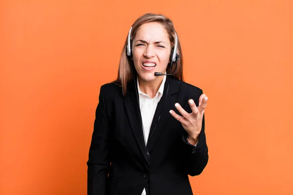Pretty Blonde Woman Looking Angry Annoyed Frustrated Telemarketing Concept — Photo