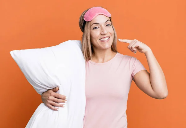 Pretty Blonde Woman Smiling Confidently Pointing Own Broad Smile Pajamas — Stock Photo, Image