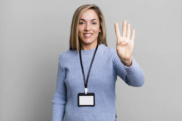Pretty Blonde Woman Smiling Looking Friendly Showing Number Four Blank — Stockfoto