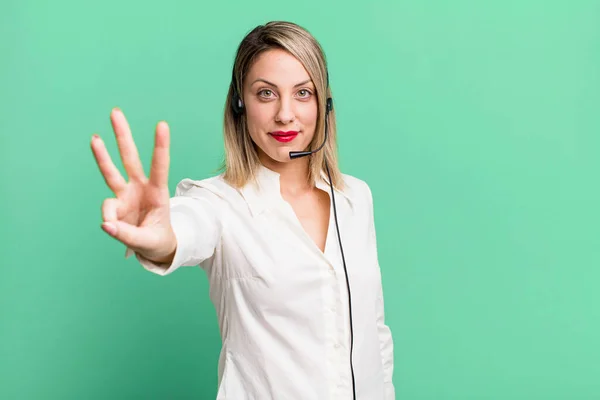 Pretty Blonde Woman Smiling Looking Friendly Showing Number Three Telemarketer — Foto de Stock