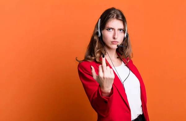 Caucasian Pretty Woman Feeling Angry Annoyed Rebellious Aggressive Telemarketer Agent — Stock Photo, Image