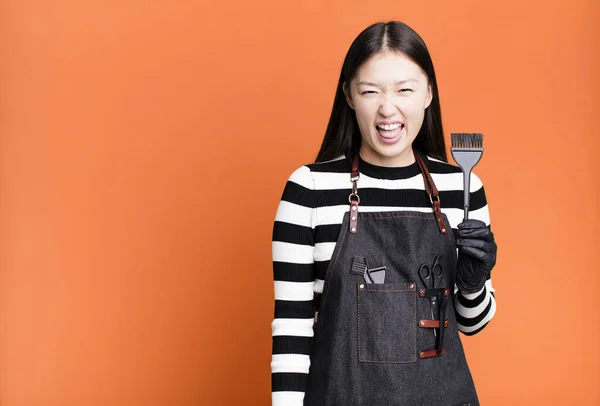 Pretty Asian Woman Cheerful Rebellious Attitude Joking Sticking Tongue Out — Foto de Stock