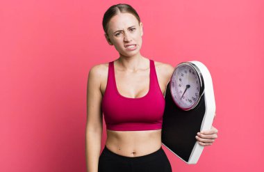 caucasian pretty woman feeling puzzled and confused. fitness and diet concept