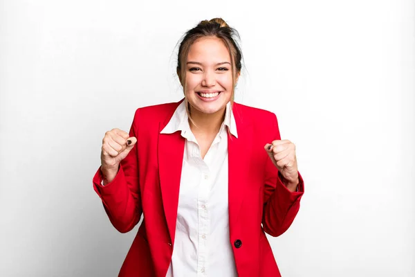 Hispanic Pretty Woman Feeling Shocked Laughing Celebrating Success Business Concept — Stock Photo, Image