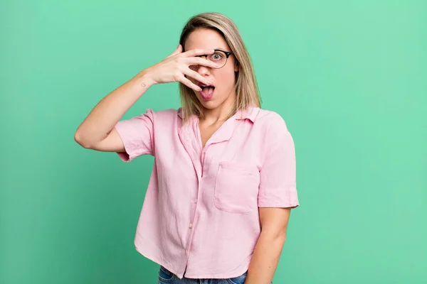 Blonde Adult Woman Looking Shocked Scared Terrified Covering Face Hand — Photo