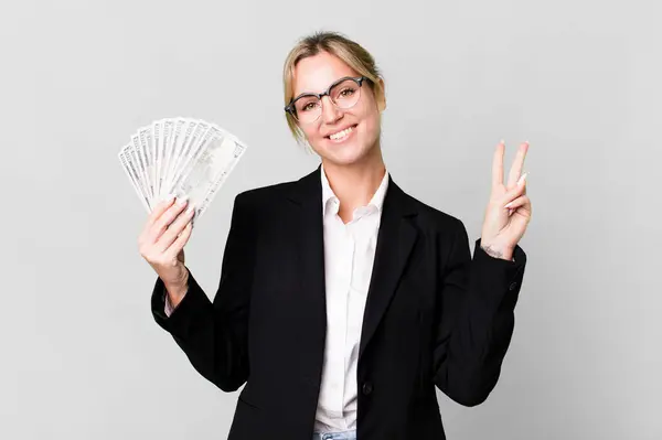Pretty Caucasian Businesswoman Dollar Banknotes — Foto Stock