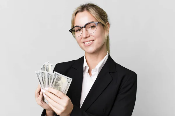 Pretty Caucasian Businesswoman Dollar Banknotes — Stok fotoğraf