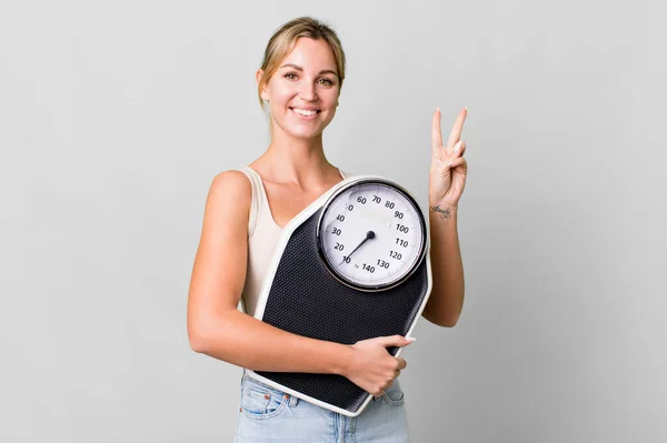 Pretty Caucasian Woman Weight Scale Diet Fitness Concept — Stock Photo, Image