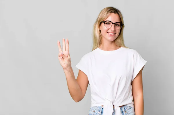 Caucasian Blonde Woman Smiling Looking Friendly Showing Number Three Copy — Stock Photo, Image