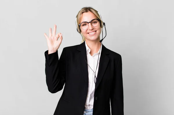 Caucasian Blonde Woman Feeling Happy Showing Approval Okay Gesture Telemarketing — Stock Photo, Image