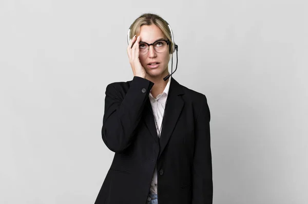 Caucasian Blonde Woman Feeling Bored Frustrated Sleepy Tiresome Telemarketing Cocnept — Stock Photo, Image