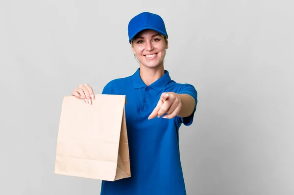 Caucasian Blonde Woman Pointing Camera Choosing You Paper Bag Delivery — Stok fotoğraf