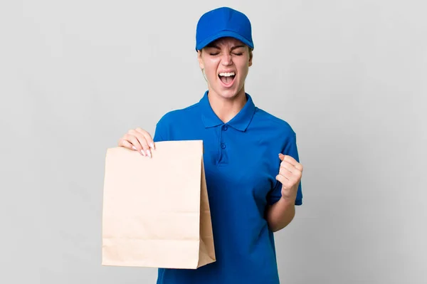 Caucasian Blonde Woman Shouting Aggressively Looking Very Angry Paper Bag — Stockfoto