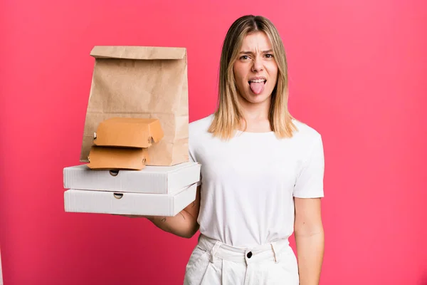 Young Pretty Woman Feeling Disgusted Irritated Tongue Out Delivery Take — Photo