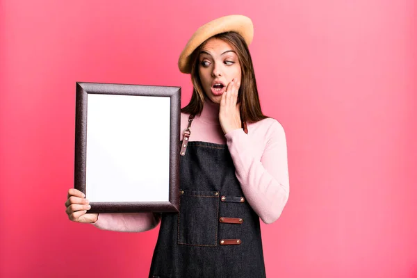 Young Pretty Woman Feeling Happy Excited Surprised Empty Picture Frame — Foto Stock