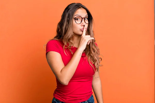 Young Pretty Woman Asking Silence Quiet Gesturing Finger Front Mouth — Stock Photo, Image