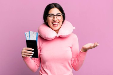 feeling happy, surprised realizing a solution or idea. flight passenger concept