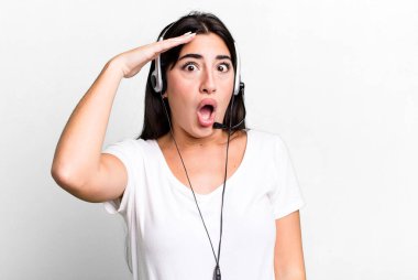 looking happy, astonished and surprised. telemarketer concept