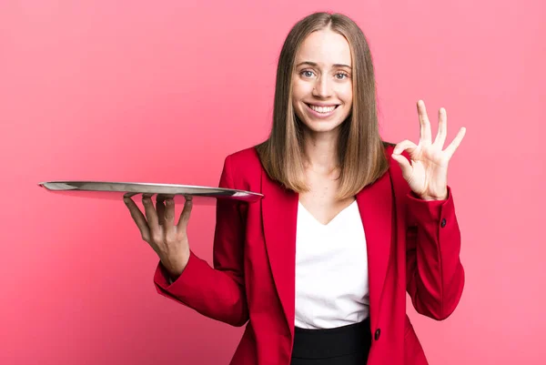 Feeling Happy Showing Approval Okay Gesture Businesswoman Presenting Tray — Stockfoto