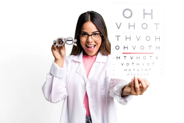 Hispanic Pretty Young Adult Woman Optical Vision Test Concept — Foto Stock