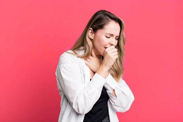 Sensation Mal Gorge Symptômes Grippe Toux Avec Bouche Couverte — Photo