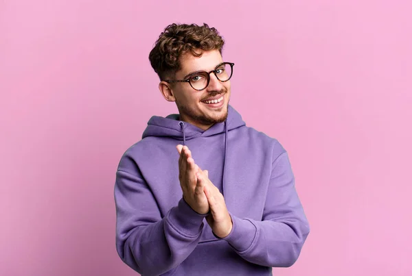 Young Adult Caucasian Man Feeling Happy Successful Smiling Clapping Hands — Stock Photo, Image