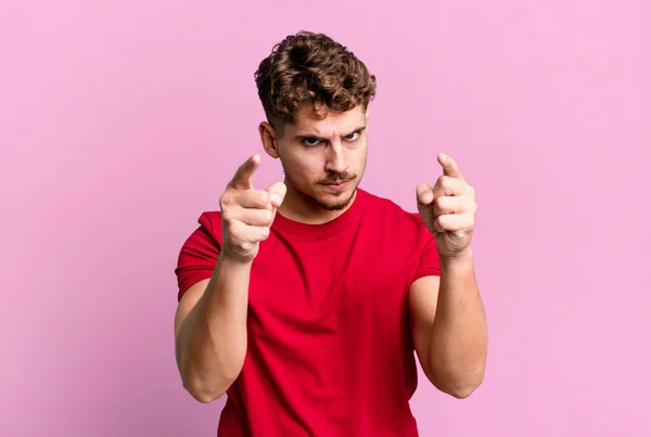 Young Adult Caucasian Man Pointing Forward Camera Both Fingers Angry — Stock Photo, Image