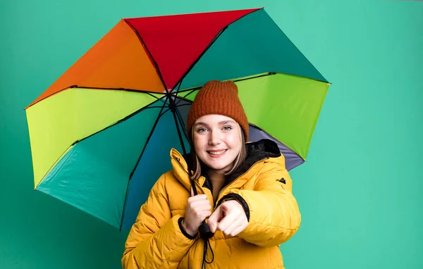 Young Pretty Woman Wearing Anorak Umbrella — Fotografia de Stock
