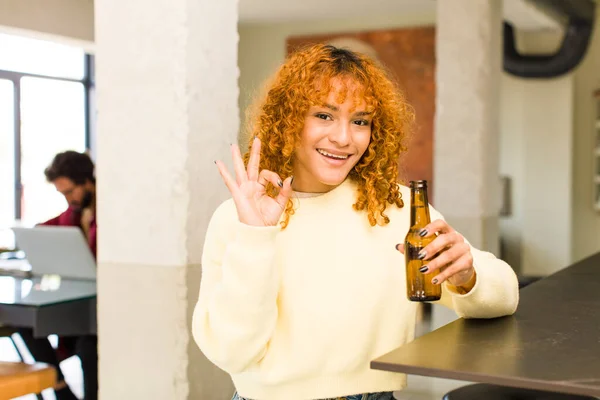 Young Red Hair Latin Pretty Woman Having Beer Home — Stock Photo, Image