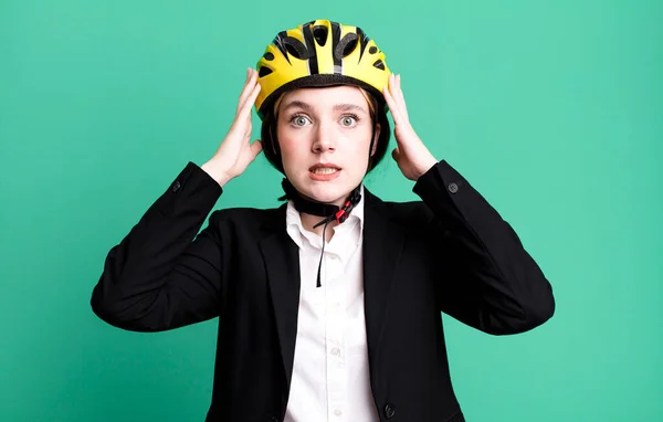 Young Pretty Woman Feeling Stressed Anxious Scared Hands Head Bike – stockfoto