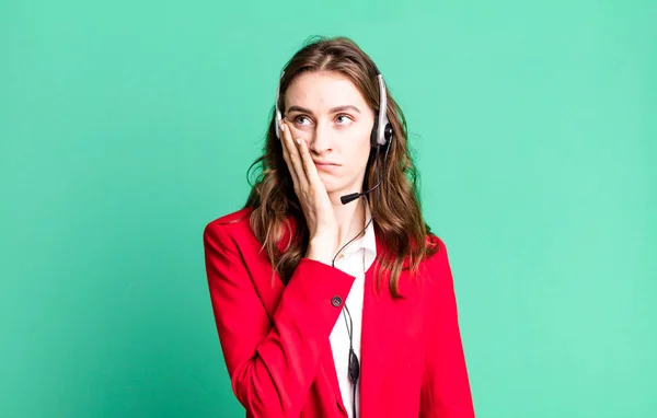 Young Pretty Woman Feeling Bored Frustrated Sleepy Tiresome Telemarketer Concept — Stock Photo, Image