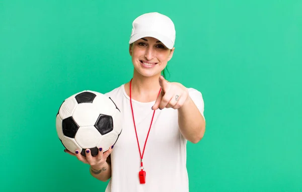 Young Pretty Woman Pointing Camera Choosing You Soccer Coach Concept — Stock fotografie