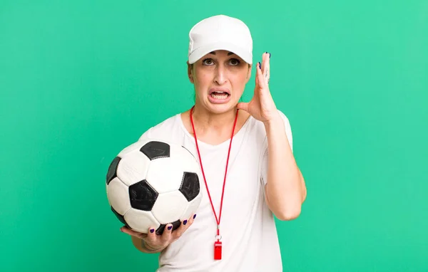 Young Pretty Woman Screaming Hands Air Soccer Coach Concept — Stock fotografie