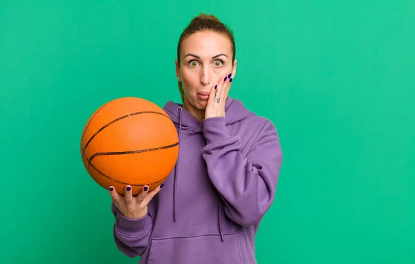 Young Pretty Woman Feeling Shocked Scared Basketball Concept — Stock fotografie