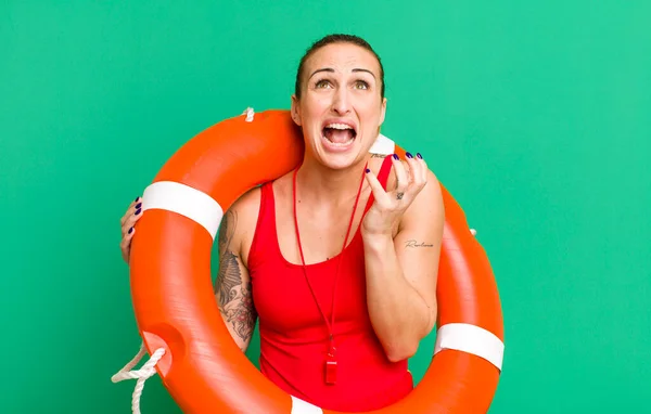 Young Pretty Woman Looking Desperate Frustrated Stressed Summer Lifeguard Concept — Stock Photo, Image