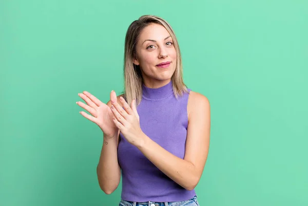 Blonde Adult Woman Feeling Happy Successful Smiling Clapping Hands Saying — Photo