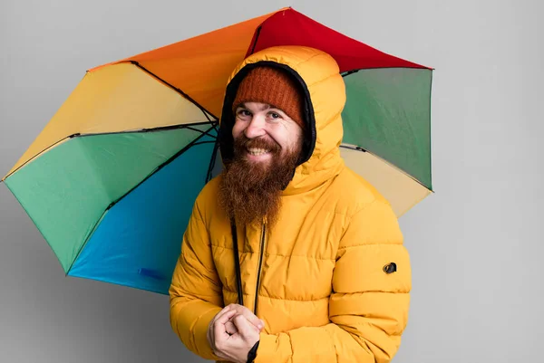 Long Beard Red Hair Cool Man Umbrella Hat Coat Clod — Fotografia de Stock