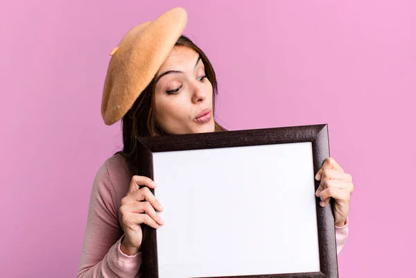 Young Pretty Woman Empty Picture Frame Copy Space — Foto Stock