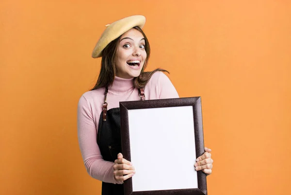 Young Pretty Woman Empty Picture Frame Copy Space — Foto Stock