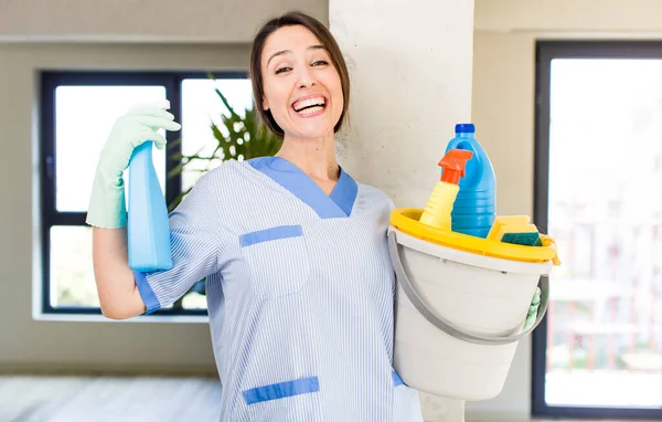 Young Adult Pretty Housekeeper Woman Clean Products House Interior —  Fotos de Stock