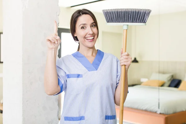 Young Pretty Woman Feeling Happy Excited Genius Realizing Idea Housekeeper — Stok fotoğraf